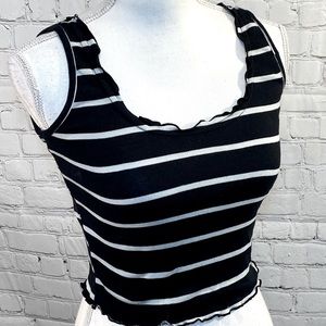 VIOLET MOON Tank Top Lettuce Edge Cropped Black/White Striped-Small